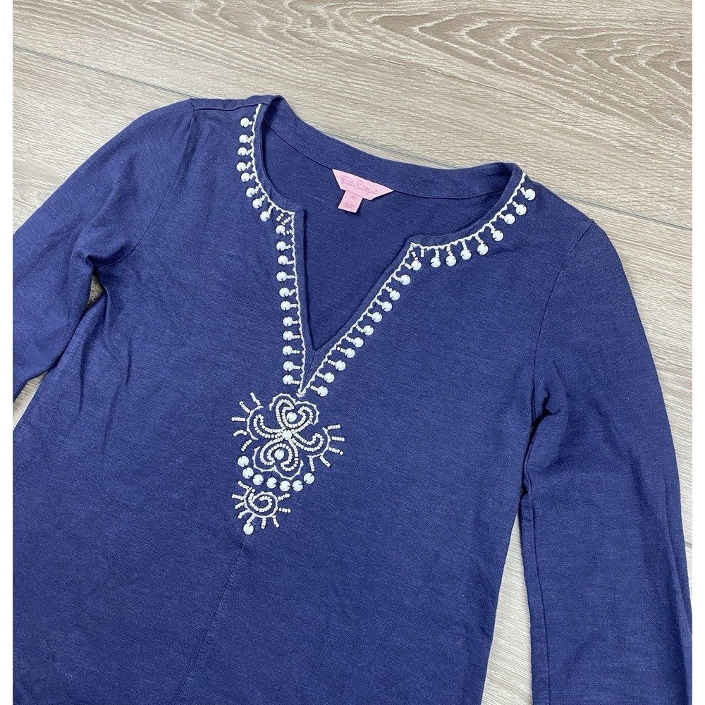 Lilly Pulitzer Women's Eliana Long Sleeve Beadwork‎ Tunic Top Blue Size XS
